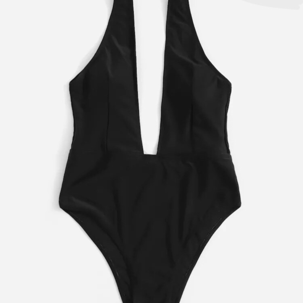 Plunge V-Neck One-Piece Swimsuit - Black